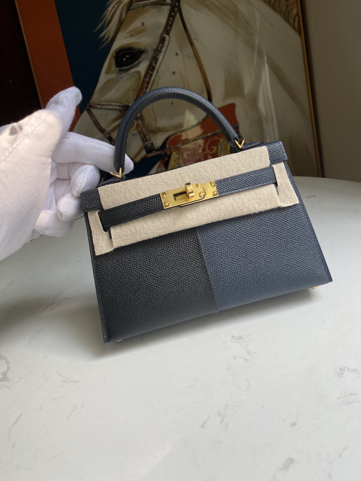 에르메스 미니 켈리백 블랙 미드나잇블루 금장 앱송